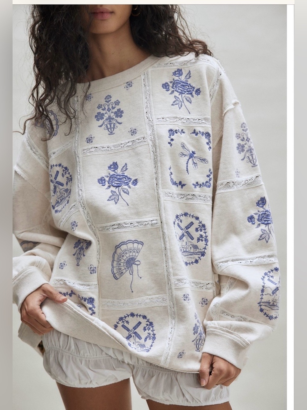 Free People Rudy Lace Embroidered Patchwork Sweatshirt 💯 Cotton NWT